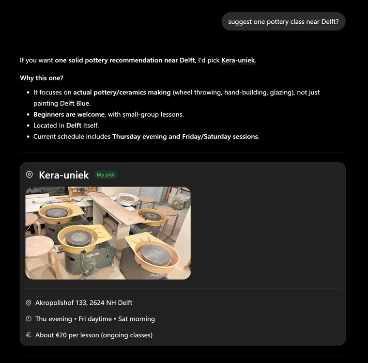 ChatGPT recommending Kera-uniek for a pottery class near Delft